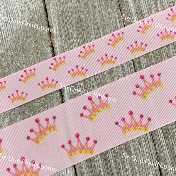 Princess Crowns Tiaras on Pink Background Grosgrain Ribbon - 7/8" - 1.5" -  Birthday - Gender Reveal - Bridal Shower - Sew - Craft - Decor