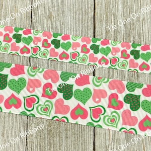 Pink And Green Hearts Printed Grosgrain Ribbon - 7/8&quot; - 1.5&quot; - Love - Valentine - Sew - Craft - Decor - Scrapbook - Collar - Party - Cards
