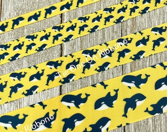 Orca Whale Ocean Sea Life Beach Print Grosgrain Ribbon - 3/8" - 5/8" - 7/8" - 1.5" - Craft - Tags - Bow - Collars - Party Favor - Gift Wrap