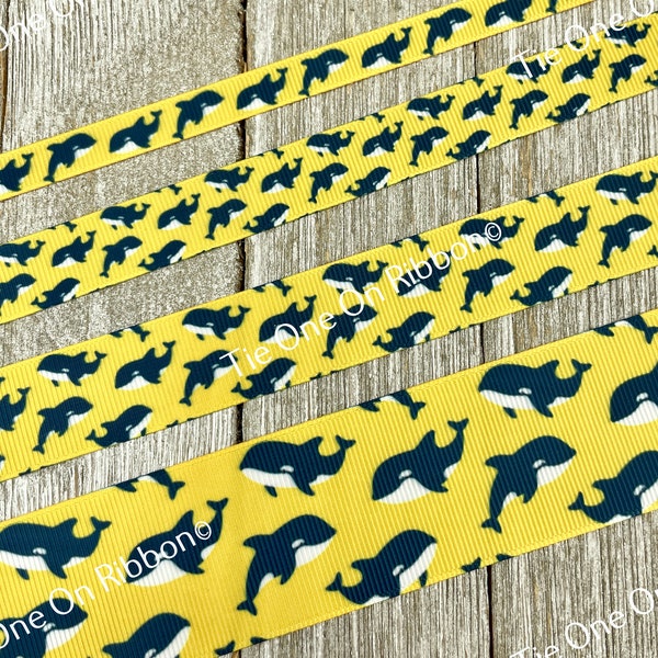 Orca Whale Ocean Sea Life Beach Print Grosgrain Ribbon - 3/8" - 5/8" - 7/8" - 1.5" - Craft - Tags - Bow - Collars - Party Favor - Gift Wrap