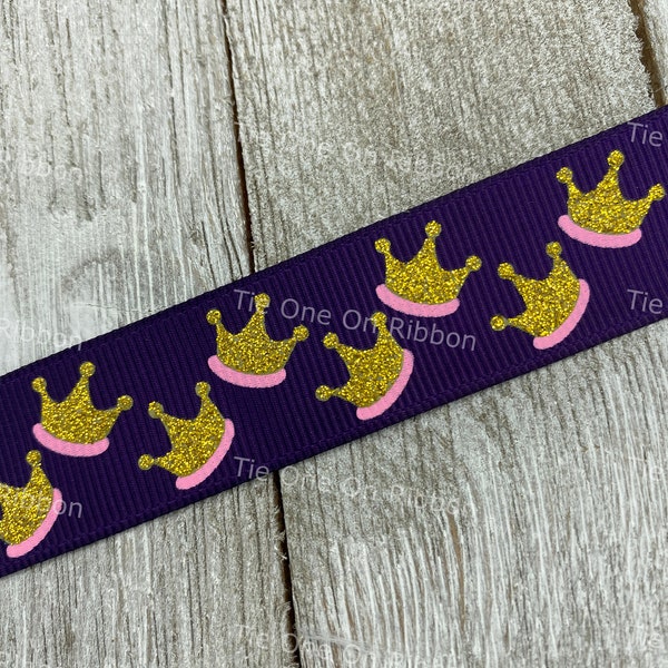 SALE 3 Yards Glittering Princess Crowns on Solid Royal Purple Grosgrain Ribbon - 7/8"  - Sew - Crafting - Bows - Birthday - Queen