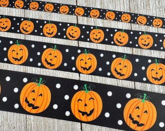 Halloween Jack-O-Lantern Pumpkin Printed Grosgrain Ribbon: 3/8" - 5/8" - 7/8" - 1" - 1.5" - Sew - Craft - Party Decor - Luggage Tag