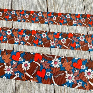 Football Flowers Leaves Hearts Blue Background Printed Ribbon - 5/8&quot; -  7/8&quot; - 1.5&quot; - Sport Team - Bow - Award - Football Team - Luggage Tag