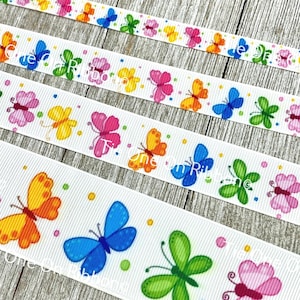 Bright Butterfly Print Grosgrain Ribbon - 3/8&quot; - 5/8&quot; - 7/8&quot; - 1.5&quot; - Sew - Craft - Decor - Scrapbook - Tags -  Bow - Collar - Nursery