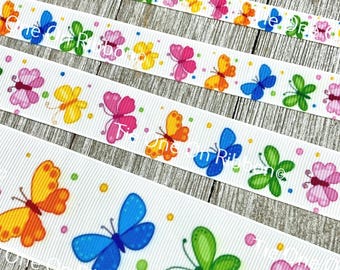 Bright Butterfly Print Grosgrain Ribbon - 3/8" - 5/8" - 7/8" - 1.5" - Sew - Craft - Decor - Scrapbook - Tags -  Bow - Collar - Nursery