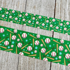 Sale! 5 Yards Baseball Bats Stars on Green Background Printed Ribbon 7/8&quot; - 1.5&quot;  - Sew - Craft - Bow - Scrapbook - Collar - Awards -