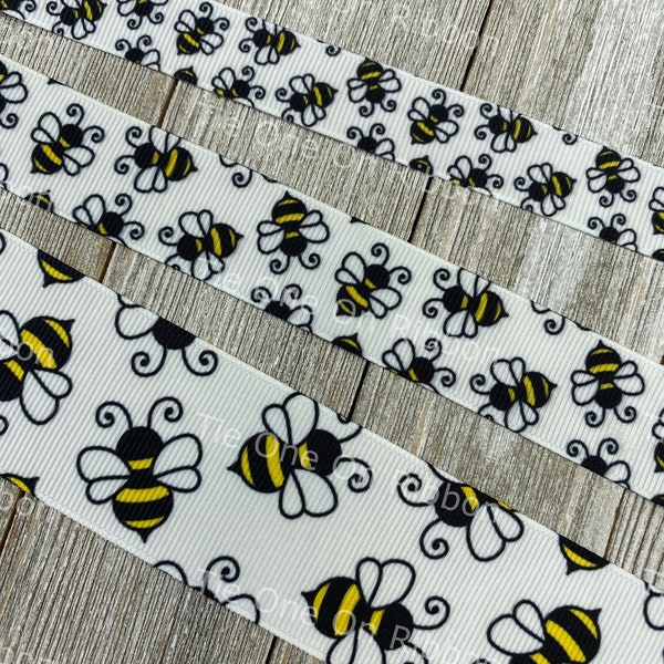 Yellow And Black Bumble Bees On White Grosgrain Ribbon - 5/8" - 7/8" - 1.5" - Sewing - Crafting - Decorating - Bows - Key Fobs