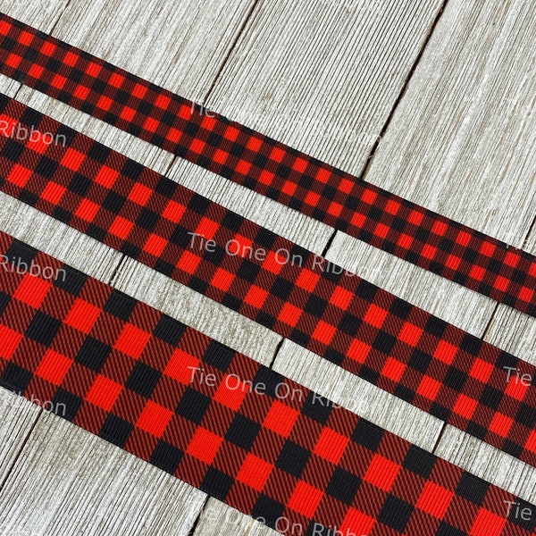 Red and Black Buffalo Check Plaid Printed Grosgrain Ribbon -  5/8" - 7/8 " - 1" - 1.5" - Sewing - Crafting - Party Decor - Wreath - Wrap
