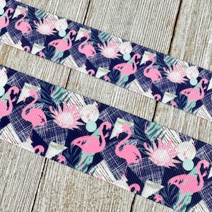 Pink Flamingos on Navy Background Ribbon - 1&quot; & 1.5&quot; - Sew - Craft - Hair Bow - Collar - Wreath - Luggage Tag - Scrapbook - Luau - Wrap