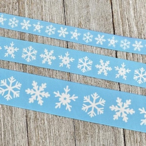Winter Snowflakes on Sky Blue Printed Grosgrain Ribbon: 5/8&quot;,  1&quot;, 1.5&quot;, Princess Ribbon, Gift Wrap, Birthday Party Favor, Hair Bow