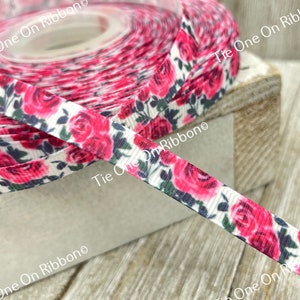 SALE! 5 Yards 3/8&quot; Pink Roses White Background Printed Grosgrain Ribbon - Sew - Craft - Decorating - Gift Wrap - Party Favor - Hair Ribbon