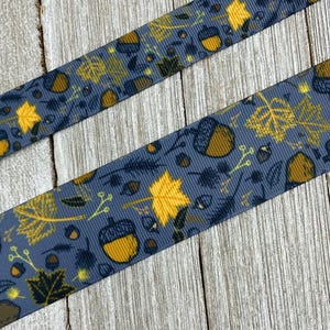 Fall Leaves Foliage Acorns on Blue Printed Grosgrain Ribbon - 7/8&quot; -  1.5&quot;  - Sewing - Crafting - Bows - Lanyards - Decor - Party -