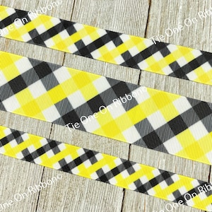 Black and Yellow Plaid Printed Grosgrain Ribbon -  5/8&quot; - 7/8 &quot; - 1.5&quot; - Sewing - Crafting - Bow - Team Color