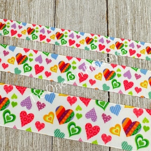 Cinta de grogrén con estampado de corazones de rayas y colores - 5/8 - 1 - 1,5 pulgadas - Costura - Manualidades - Decoración - Álbum de recortes - Lazo para el cabello