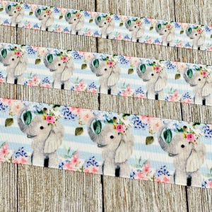 Cute Elephant & Flower Crown Grosgrain Ribbon -  5/8&quot; - 1&quot; - 1.5&quot; - Sew - Craft - Party - Baby Shower - Diaper Cake - Nursery - Gift Wrap