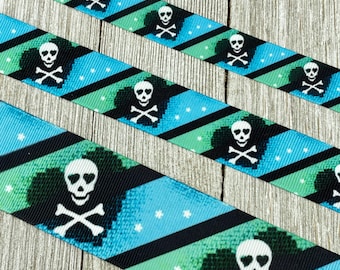 Smiling Skulls And Cross Bones On Striped Background Printed Grosgrain Ribbon  5/8" - 7/8" - 1.5" - Craft - Decor - Costume - Biker Babe