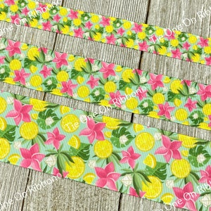 Yellow Lemons and Pink Blossoms Printed Grosgrain Ribbon - 5/8&quot; - 7/8&quot; - 1&quot; - 1.5&quot; - Sewing - Crafting - Decorating - Bow - Key Fobs