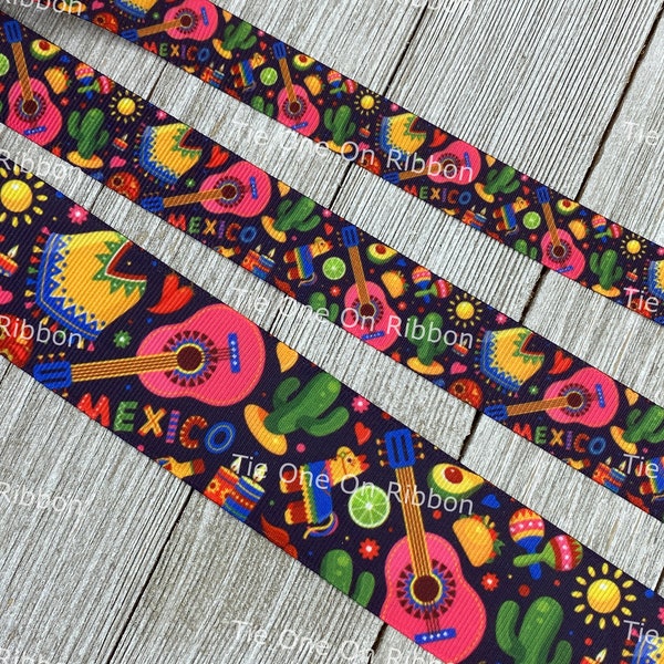 Mexican Fiesta Cinco de Mayo On Black Printed Grosgrain Ribbon - 5/8 - 7/8 - 1.5 Inch - Sewing - Crafting - Party Decor - Bow