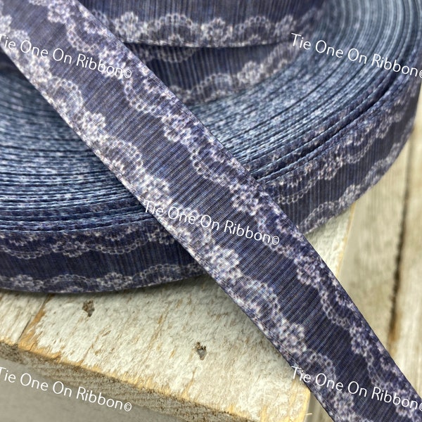 SALE! 5 Yards Deep Denim Blue White Lace Edges Printed Grosgrain Ribbon -  5/8" - Sew - Craft - Bow - Lanyard - Decor - Dog Collar -  Wrap