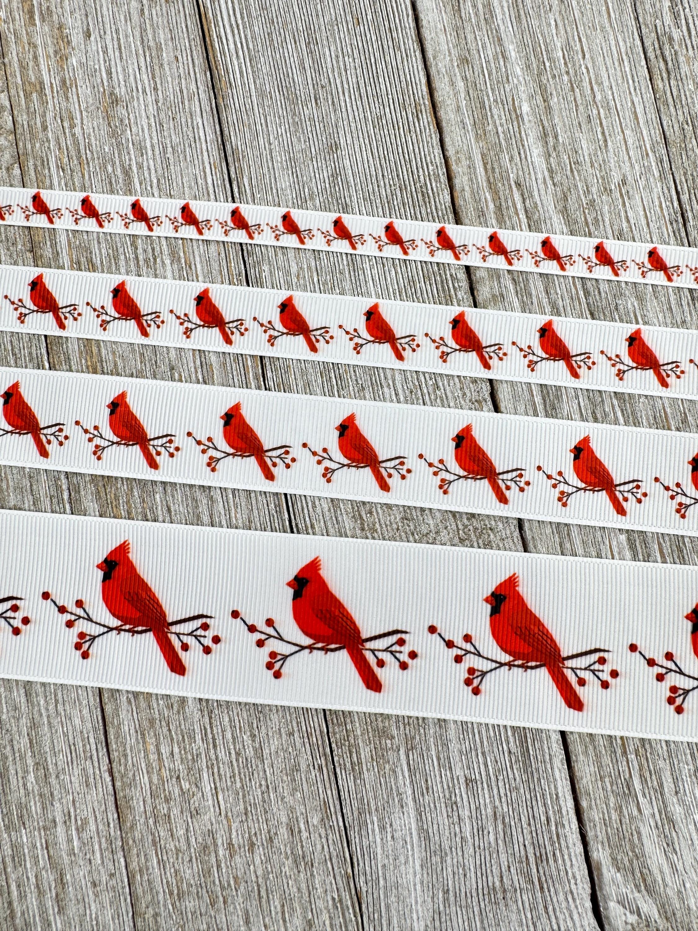 Red Cardinal Holiday Winter Printed Grosgrain Ribbon: 3/8