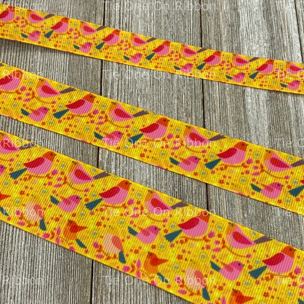Sale! Colorful Pink Birds on Yellow Printed Grosgrain Ribbon - 5/8' - 1" & 1.5" Wide - Sewing - Crafting - Decorating - Scrapbook - Bow