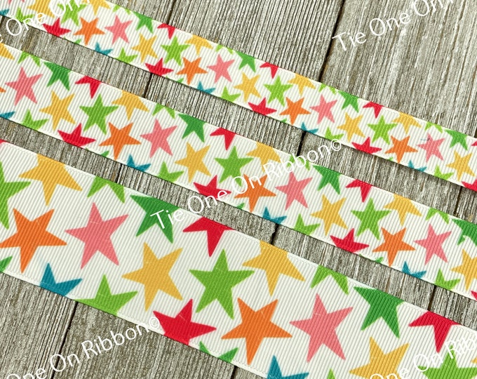 SALE! 5 Yards Colorful Stars On White Grosgrain Ribbon - 5/8" - 7/8" - 1.5" - Sew - Craft - Decor- Bows - Key Fobs - Awards - Gift Wrap