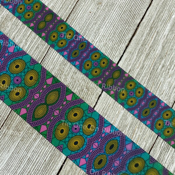 Bright African Ankara Geometric Printed Grosgrain Ribbon - 7/8" & 1.5" Width - Sewing - Crafting - Decorating - Costume - Hair Bow