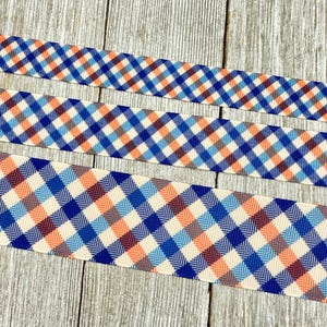Navy, Blue, Orange Stripes on Tan Diagonal Plaid Printed Grosgrain Ribbon -  5/8" - 7/8" - 1.5" - Sew - Craft - Bow - Decor - Hair Ribbon