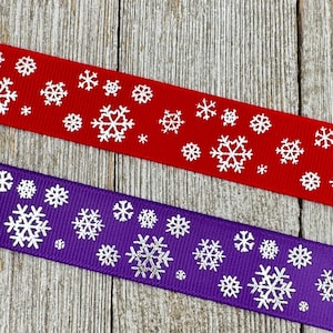 Choice of Red or Purple Shining Silver Foil Snowflakes on Colored Grosgrain Ribbon - 7/8&quot; - Craft - Decor - Gift Wrap - Ornament - Tag - Bow
