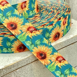 Nastro in grosgrain stampato con girasoli gialli su sfondo verde acqua - 7/8 pollici - Artigianato - Decorazione - Fiocco - Lanyard - Fascia per cappello - Etichetta - Carta da regalo - Colletto