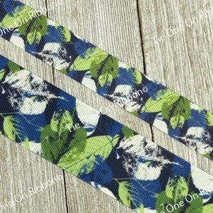 Green Leaf Foliage On Blue Printed Grosgrain Ribbon - 7/8&quot; - & 1.5&quot; - Sewing - Crafting - Decorating - Bow - Collar - Wreath