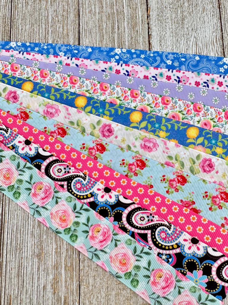 Get Exactly What You See! 10 - 1-Yard Cuts of 1" Floral Flower Roses Paisley Assorted Grosgrain Printed Ribbon -Tag - Hair Bow - Gift Wrap