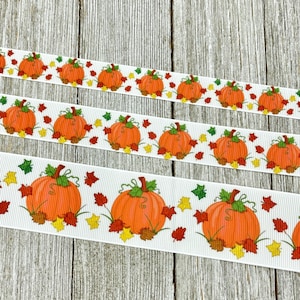 Autumn Fall Pumpkin Leaves Printed Grosgrain Ribbon  -  5/8&quot; - 7/8&quot; -  1.5&quot; - Sew - Craft - Decor - Wreath - Scrapbook - Collar - Hair Bow