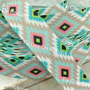Geometric Tan Blue and Pink Diamonds On White Grosgrain Ribbon - 7/8&quot; - Sew - Craft - Decor - Collars - Aztec Ribbon - Tribal Ribbon - Tag
