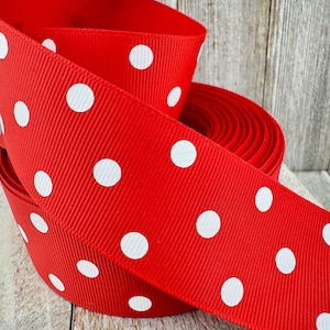 SALE! 3 or 5 Yards White Dots On Red Grosgrain Ribbon - 1.5 Inch - Sewing - Crafting - Decorating - Mouse