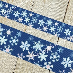 Blue & Pale Pink Snowflake Printed Grosgrain Ribbon - 7/8&quot; - 1.5&quot; - Craft - Hair Bow - Wrap - Tag - Wreath - Hanukkah - Holiday - Christmas