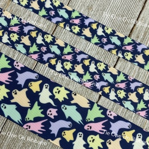 Pastel Yellow Pink Blue Green Ghosts Black Background PrintedGrosgrain Ribbon -  5/8&quot; - 7/8&quot; - 1.5&quot; -  Sew - Craft - Decor - Costume - Bows