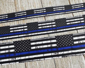 Distressed Print Thin Blue Line Police Support Print Grosgrain Ribbon - 5/8&quot; -  7/8&quot; - 1&quot; - 1.5&quot; - Sew - Craft - Support - Retirement - Tag
