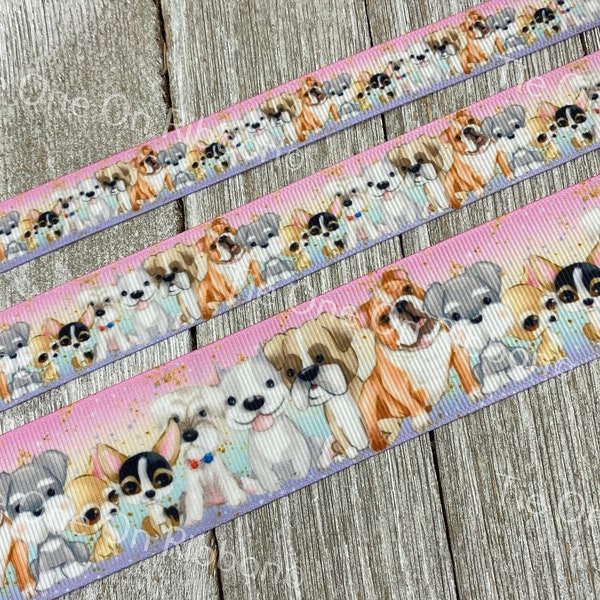 Cute Dog and Puppy Printed Grosgrain Ribbon -  5.8" 7/8" - 1" - 1.5 Width - Sewing - Crafting - Decorating - Scrapbooking - Bow - Collar