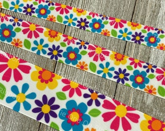 Bright Flowers Retro Flower Power Printed On White Grosgrain Ribbon - 5/8 - 7/8 - 1.5 Inch - Sew - Craft - Decor - Bow - Lanyard - Key Fob