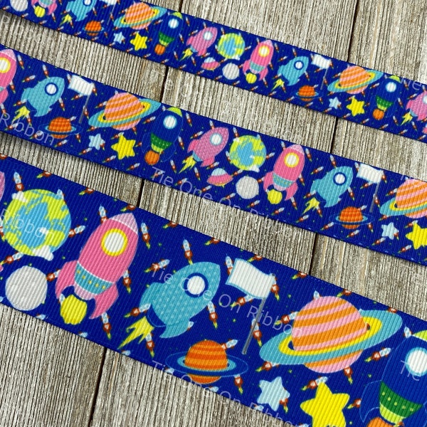 SALE! 5 Yards Space Rocket Outer Space Planets, Stars Printed Grosgrain Ribbon - 5/8 - 7/8 - 1.5 Inch - Sew - Craft - Decor - Nursery - Bow