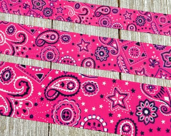 Pink Bandana Cowgirl Western Printed Grosgrain - 5/8" - 7/8" - 1" - 1.5" - Sew - Craft - Decor - Scrapbook - Tags - Key Fob - Bow - Collar