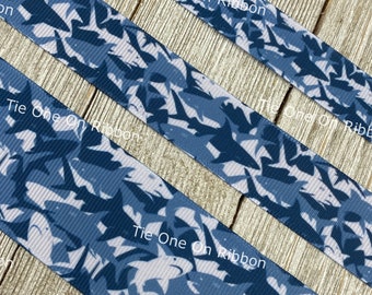 Shark Shapes Blue Camo Camouflage Printed Grosgrain Ribbon -  5/8" - 7/8" - 1.5" - Sew - Craft - Decor -  Bows - Dog Collar - Wrap - Tags