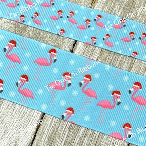 Santa Hat Pink Flamingos on Snowflake and Blue Printed Ribbon - 7/8&quot; - 1.5&quot; - Sew - Craft - Bow - Collar  - Tag - Gift Wrap