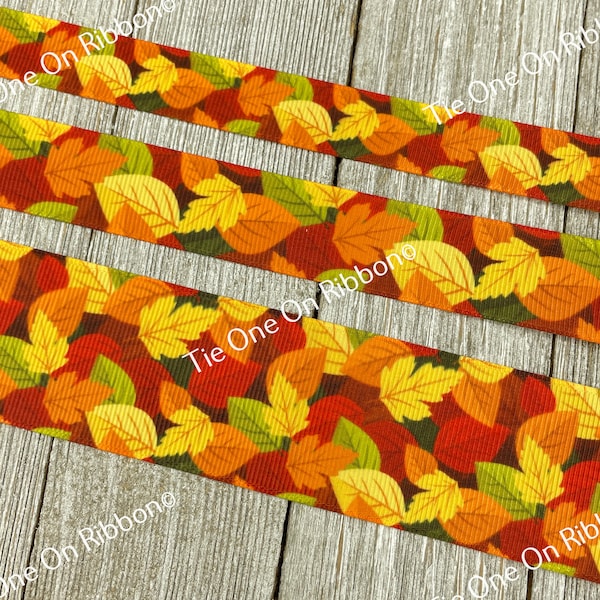 Large Red Yellow Orange  & Green Autumn Fall Leaves Dark Background Printed Ribbon - 5/8" - 7/8" - 1.5" - Sew - Craft - Decor - Wreath - Bow