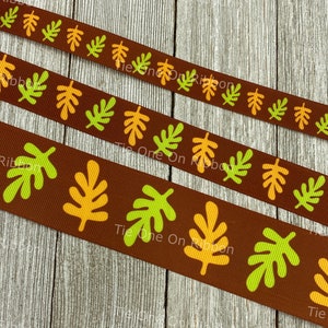Fall Autumn Green And Orange Leaves On Brown Printed Grosgrain Ribbon -  5/8&quot; - 7/8&quot; - 1.5&quot; - Sewing - Crafting - Bow - Decor - Lanyard