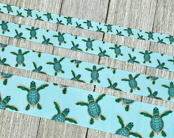 Green Sea Turtles Ocean Blue Printed Grosgrain Ribbon: 3/8"- 5/8"-7/8"-1.5" - Craft Ribbon - Dog Collar - Bow - Party - Shower - Luggage Tag