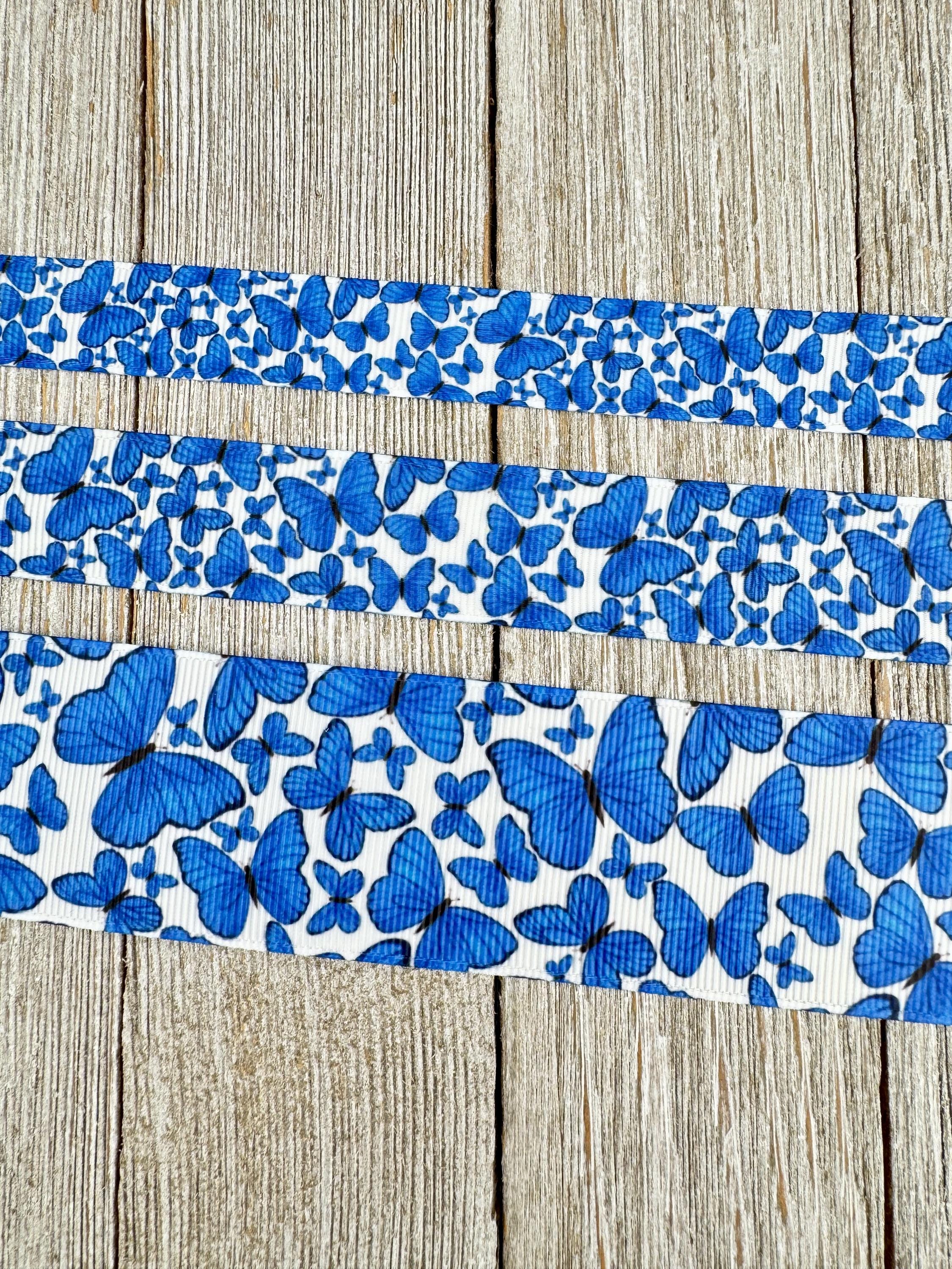 Bright Blue Butterflies Printed on White Grosgrain Ribbon - 5/8