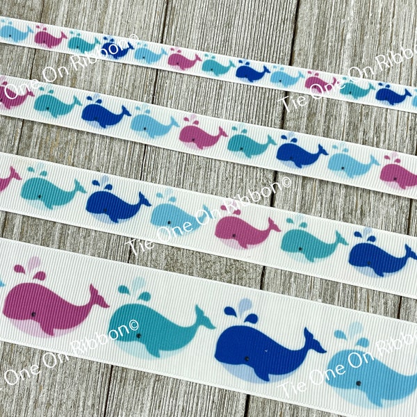 Whale Fish Ocean Print Grosgrain Ribbon - 3/8" - 5/8" - 7/8" - 1.5" - Sew - Craft - Tags - Bows - Collars - Party - Lanyard - Nursery - Wrap