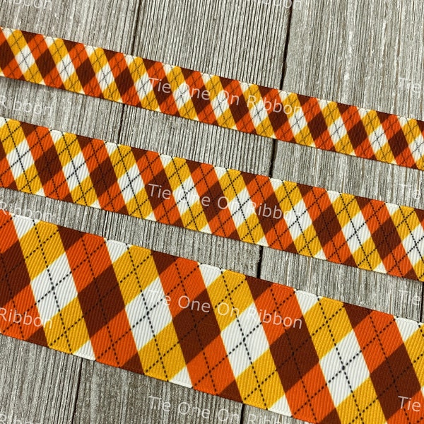 Fall Autumn Argyle Plaid Printed Grosgrain Ribbon -  5/8" - 7/8" - 1.5" - Sewing - Crafting - Decorating - Bows - Dog Collars - Lanyards